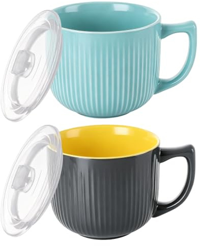 MUXHEL 2 Set Soup Bowls with Handles, 900ml Microwave Soup Mug with Lid, Dishwasher Safe Soup Cup Ceramic Soup Containers for Cereal, Oatmeal,Yogurt,Cereal,Noodle,Breakfast-Grey+Blue