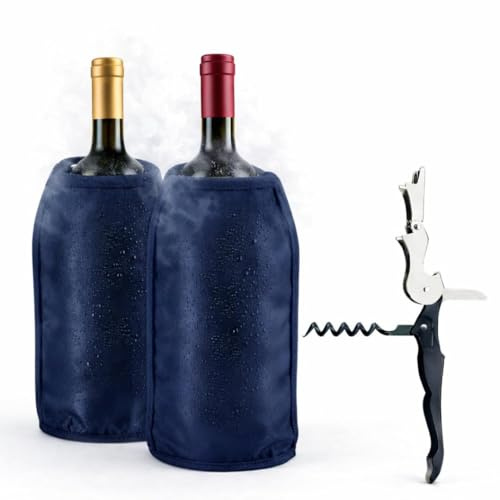 Pack 2 Enfriadores de Botellas de Vino + Sacacorchos Camarero | Funda Enfriadora con Gel Refrigerante Interior | Manga Enfriadora para Vino, Cava y Champagne | 15,5x22,5 cm (azul)