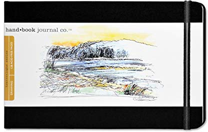 Handbook Journal Co. Sketch Book - Large Landscape 5.5 x 8.25 in Ivory Black European Linen-Bound Hard Cover, 128 Pages (64 Sheets) of 130 GSM Acid-Free Art Drawing Paper, Pocket and Elastic Closure