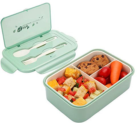 Merysen 1050ml Scatola da Pranzo Verde, Riutilizzabile Bento Lunch Box con 3 Scomparti e Posate (Forchetta e Cucchiaio), Contenitore per Il Pranzo per Bambini e Adulti