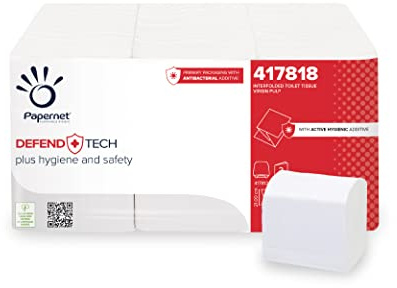 Papernet Defend Tech - Interfold Toilettenpapier (417818), Einzelblatt-Toilettenpapier mit antibakterieller Formel, 2 Lagen, 12 Packungen mit 6 Rollen, 200 Blatt pro Rolle
