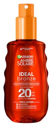 Garnier Ambre Solaire – Ideal Bronze – Huile Protectrice Sublimatrice de Bronzage – Protection FPS 20 - Enrichie à la Vitamine E – Non Gras– Non Collant – Tous Types de Peau - 150 ml