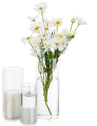 Deko Vase Glas Zylinder Tischdeko: Glasseam 3 Stück/Satz Blumen Vasen Set Modern Glasvase Rund Glaszylinder Blumenvase Tulpenvase Tischvase Fuer Hochzeit Wohnzimmer Tulpen Rose, 15/20/25cm Hoch