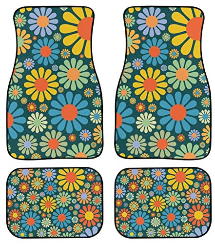 POLERO Auto-Fußmatten mit abstraktem Hippie-Blumenmuster für Damen, niedliche Gänseblümchen, 4 Stück, keine Schluck-Automatten mit bunten Blumen