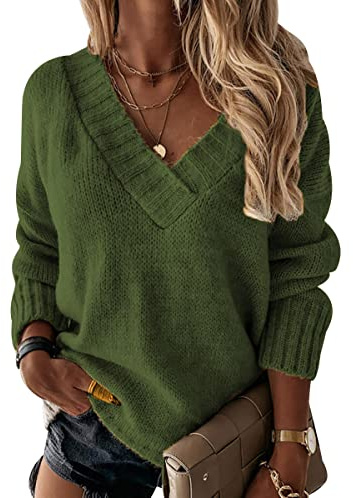 Jersey Pico Mujer Suéter Punto V Neck Sweater Pullover Oversize Ancho Basico Talla Grande Jerseys Anchos Modernos Invierno Señora Verde XXL