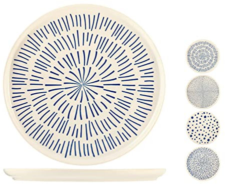 H&H Atlas Piatto Piano in Stoneware, Decori Assortiti, Colore Blu e Bianco, 28cm