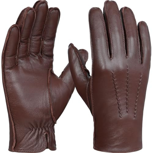 GSG SINCE 1998 Guanti Pelle Uomo Touchscreen – Invernali in Pelle di Pecora Senza Cromo, Foderati in Lana, Caldi da Guida e Moto, Marrone Castagna S