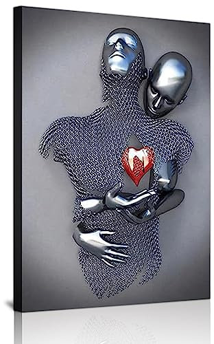 Moderne Abstrakte Romantische Metallfigur Skulptur Kunst Wandbild, Liebe 3D Effekt Umarmend Wohndekoration Plakat, Rahmenlos (Stil 24,80X120CM*1)