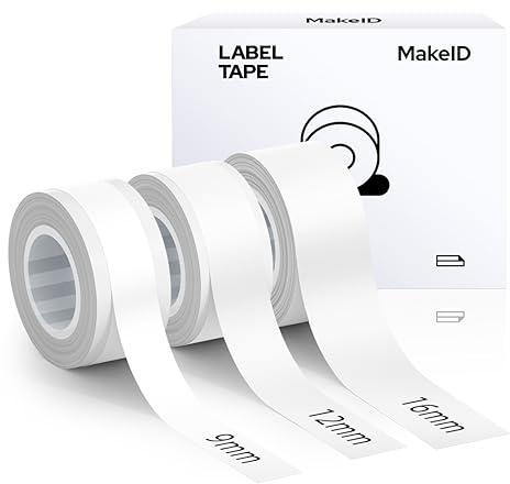 MakeID L1 E1 Etikettenmacher-Klebeband, adaptiertes Etikettendruckpapier, Nachfüllpackungen, Standard-laminiertes Büro-Etikettierband, Ersatz, 0,8 cm & 1,2 cm & 1,6 cm x 13 Zoll (9/12/16 mm x 4 m