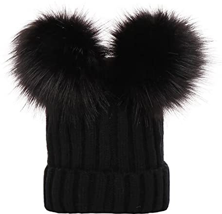 PythJooh Baby Winter Warm Hat Kid Cute Pom Pom Wooly Crochet Hats Beanie Hats for Baby Girl Boy Kids 0-3Years Black