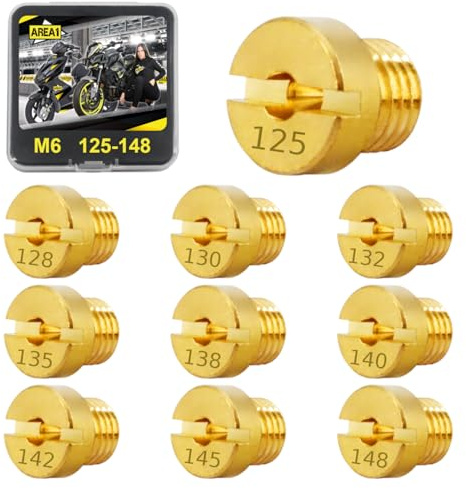 Area1 Set di 10 ugelli universali per carburatore M6, 6 mm, set di ugelli principali, 125, 128, 130, 132, 135, 138, 140, 142, 145, 148, per Dellorto (tipo M6/125-148/10 pezzi)