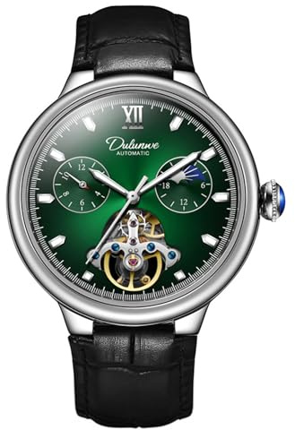FORSINING Orologio da uomo automatico a carica automatica, orologio da polso Tourbillon con fasi lunari, orologio meccanico alla moda, impermeabile, luminoso, Verde, Cinturino