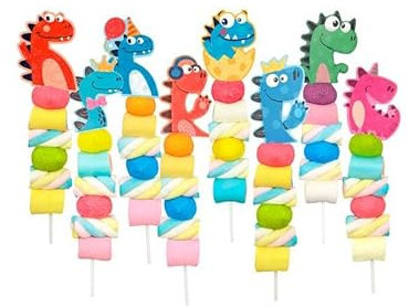 Lote de 8 a 24 Pinchos Brochetas de Golosinas Esponjas Dinosaurios DINOS Golosinas, chuches, chucherias para niños, cumpleaños, comuniones, regalos colegios (24)
