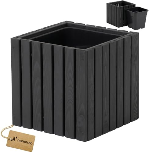 HOMERZO Pflanzkübel Holz – imprägniert wetterfest – mit herausnehmbarem Kunststoffeinsatz – Pflanztopf Blumenkasten für Balkon Garten Terrasse (Vertikal-anthrazit 36x36 H35 cm)
