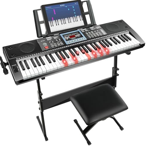 VEIYOUMO 61 Key Keyboard Piano for Beginners w/Stand Bench, Dual Power Mode, Lighted Keys in Follow Mode, 70 Demos, 200 Tones/Rhythms, Pitch Bend Metronome Sustain Sync Chord Dual Key Key Drum Program