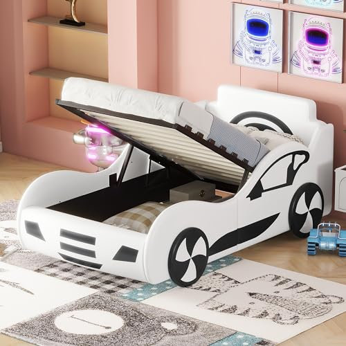 Autobett Kinderbett 90 x 200 cm, Hydraulisch Stauraumbett mit Stauraum und Lattenrost, Kinder Spielbett, Aufregendes Auto Kinderbett für kleine Rennfahrer, Flachbett Bettgestell, ohne Matratze (Weiß)