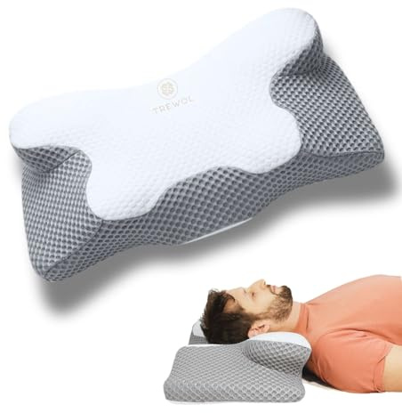 TREWOL Nack- och nackkudde | Ergonomisk och viskoelastisk kudde idealisk för sido- och övermunsov | 60 x 34 x 13/8 cm (grå)