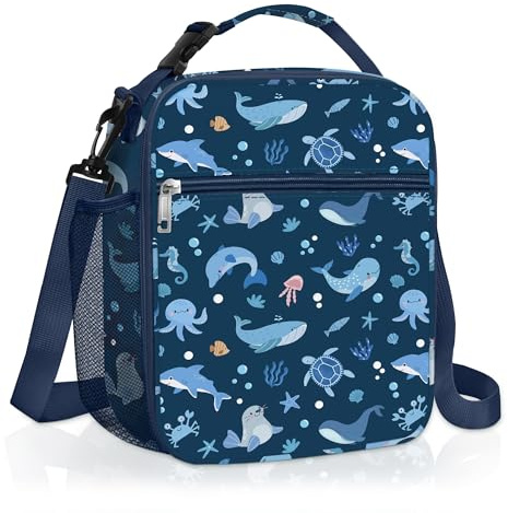 Clastyle Bolsa Termica Porta Alimentos Bebe Azul Tiburones, Bolsa Almuerzo Infantil Animales Marinos Reutilizables con Correa, Bolsa Comida Niños para Viaje Picnic Guarderia