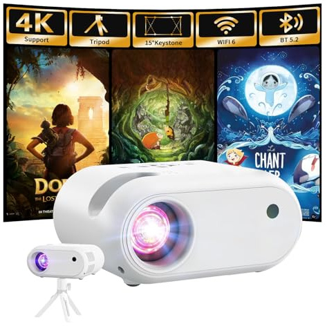 Mini Proyector con Trípode 1080p Soporte WiFi Bluetooth Proyector Portátil, Compatible con Smartphone, HDMI, USB, TV Stick, Inicio Exterior Dormitorio, Blanco