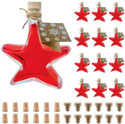 slkfactory 12 x 200 ml Stern Flaschen Glasflaschen Likörflaschen Schnapsflaschen Weihnachtsflaschen Weihnachten (12 x 200 ml-inkl. etiketten & HGK-SPI Korken)
