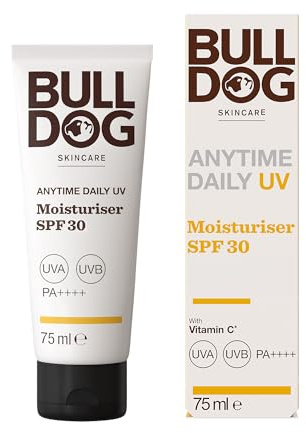 BULLDOG SKINCARE Anytime Daily UV Face Moisturiser for Men, SPF 30, 75ml | Daily moisturiser with SPF 30 and vitamin C, protects and hydrates skin, UVA and UVB filters, for all skin types, vegan