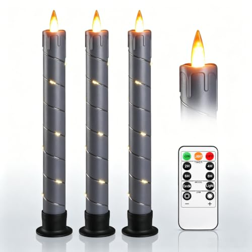 Da by 3 Pack Grey Flameless LED Taper Candles with Fairy Lights, Realistic Moving Flame, Heat Resistant Reusable Plastic Candles, Remote Control, 2.2cm x 25cm, Indoor Outdoor Wedding Home Decor