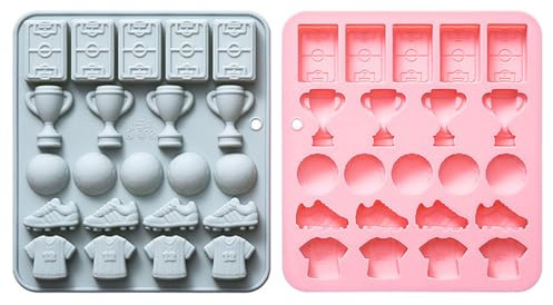 Silicone Chocolate Molds, 2PCS Sports Theme Candy Moulds for Baking Jelly Ice Cube Cupcake Decorations (Football/Badminton/Table Tennis/Hockey/Tennis)