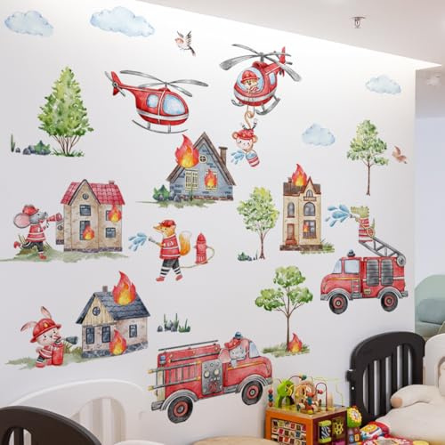 WandSticker4U®- Wandtattoo FEUERWEHR Kinderzimmer XXL (103x98 cm) I Wandsticker Feuerwehr Kinder mit süßen Tieren Wald Brand Fahrzeuge I Wandaufkleber Babyzimmer Kinderzimmer Deko Junge GROß