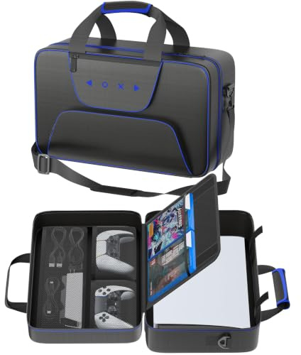 Gersker Sac de Transport PS 5 Compatible avec PS 5/Slim/Pro Digital & Disc, Étui de Voyage PS-5 avec Plusieurs Poches, Protège Les Écouteurs, Les Manettes et Les Accessoires de Jeu (Noir+Bleu)