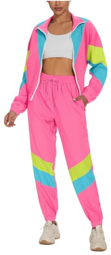 UOUA Women's 2 Piece 80s 90s Outfits Windbreaker Jacket Tracksuit | 1980s 1990s Color Block Costume Retro Neon Matching Set Long Sleeve Coat & Jogging Pants