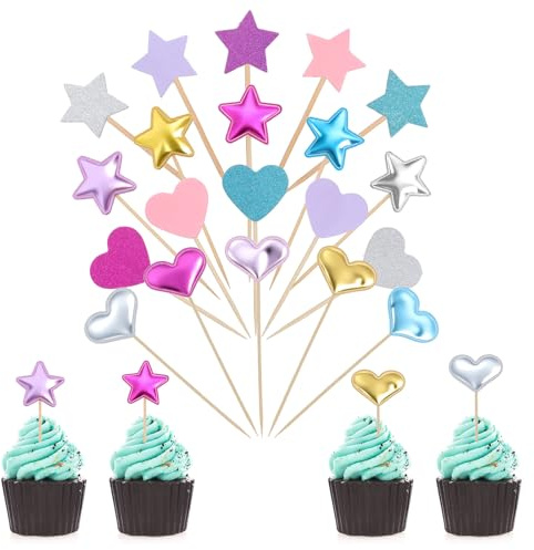 40 Stück Muffin Deko Cupcake Topper Muffins Kleiner Sterne Toppers Happy Birthday Tortendeko Farbig Herzen Topper Form Glitter Kuchen Geburtstag Picks für Baby Dusche Verlobung Party Dekorationen