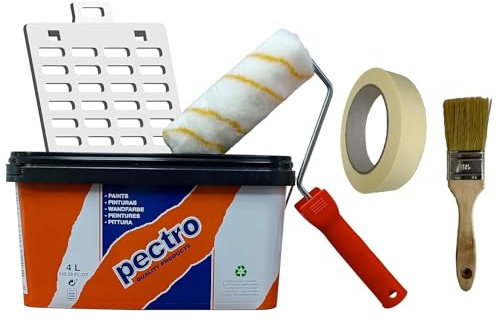PECTRO Pittura bianca antiumidità 6,6kg (4L) - con rullo, pennello, griglia e nastro in carta - Pittura opaca traspirante per pareti e soffitti interni - Ideale per bagni, cucine e seminterrati