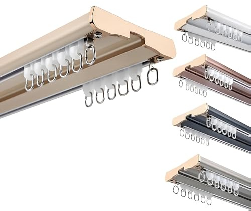 0.5-6m Vorhangschienen 2-läufig Gardinenschiene mit Stummen Rollen Deckenvorhangschiene aus Aluminium für Schiebevorhang, Vorhänge Raumteiler Schienenvorhangsystem(Gold,1.2m)