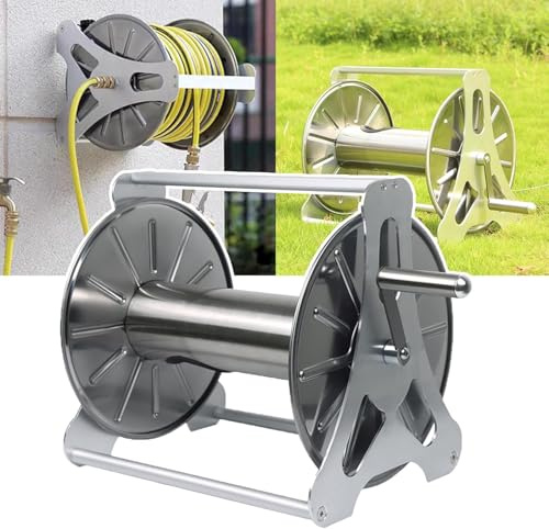 Wall-Mounted or Freestanding Garden Hose Reel with Crank, Stainless Steel, Holds 50M Hose, Ideal for Yard, Garden, and Farm Use