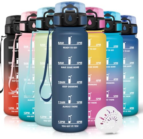 Motswedi Gourde 1l, Anti-Fuite, Gourde Sport, avec Marqueur de Temps, Bouteille d'eau, Réutilisable, Bouteille, pour Sport, Randonnée, Yoga, Fitness, Bleu Foncé