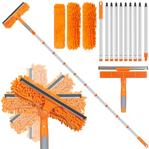 Window Cleaning Pole, 400CM Telescopic Window Cleaner Tool with 2 in 1Long Reach Squeegee Cloth for High Window, Orange Extendable Window Cleaning Kit Equipment
