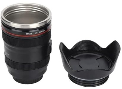 RSK Goods Camera Lens Inspired Coffee Mug – Insulated Travel Flask with Lid | Realistic Lens Design | Black or White | Leak-Proof | Gift for Photography Enthusiasts | 400ml Capacity (Black)