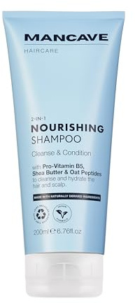 ManCave Nourishing 2-in-1 Mens Shampoo, 200ml, Schampo för Män, Naturliga Ingredienser, Veganskt och Cruelty-Free, Stärkande Schampo med Arganolja, Havregrynspeptider och Sheasmör