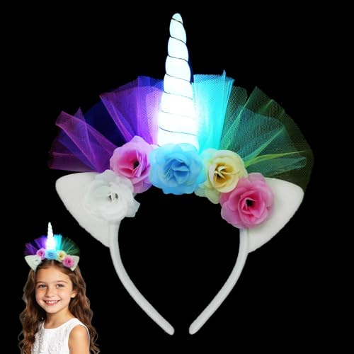 LED Einhorn Haarreif, Bunt Blinkend Einhorn Geburtstag Haarreif, Einhorn Leucht Stirnband Kinder für Karneval Masquerade Party Foto Requisiten