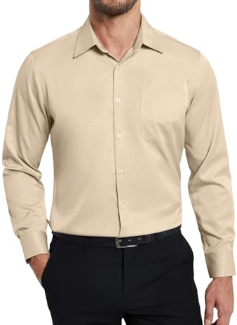 Enlision Camisa Beige Hombre Sin Plancha Elastica Manga Larga Camisas Vestir Ajuste Regular Traje Negocios Oficina Formal Funeral Cuello con Botones con Bolsillo XL
