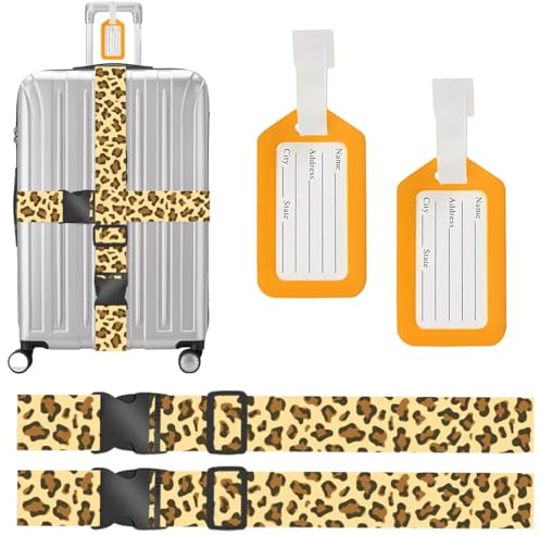 2 Stück Koffergurt Gurt, inkl 2 Namensschildern, Kofferband Verstellbare Rutschfestes, Koffergurt Auffällig Zur schnellen Identifizierung Kofferbänder Kreuzgurt, Luggage Strap, Leopard Tattoo
