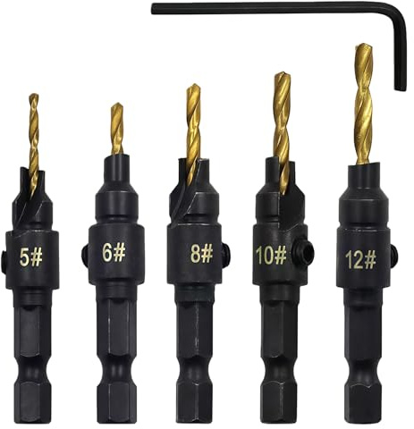 5Pcs Countersink Drill Bit Set, Quick Change 1/4inch Hex Shank Power Tools and HSS Quick Change Drill Bit, Woodworking Countersink Drill Bits