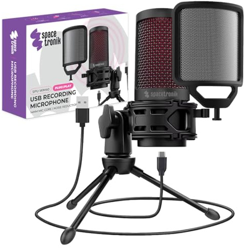 Spacetronik Microfono Gaming USB per PC, Microfono a Condensatore con Tap-to-Mute & LED, Filtro Antipop & Supporto Antishock, Plug & Play per Streaming, Podcast, Discord, PS4/PS5, Mac
