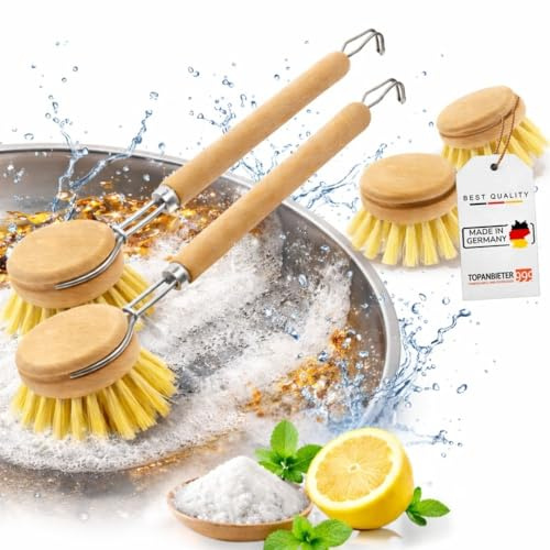 Spülbürste Holz mit Wechselkopf 4er Set – 2 Ersatzköpfe Naturborsten – Nachhaltige Geschirrbürste & Abwaschbürste – Küchenbürste Holz – Bürste Küche - Made in Germany