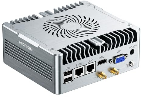 NORQIN Mini PC Industriel Fanless,Ordinateur Industriel i7-1255U(10C/12T) | Windows 11 Pro,2LAN Gigabit,2COM RS232,HDMI+VGA 4K,6USB,Auto Power on & WOL,Boîtier Métallique(8Go RAM 128Go SSD)