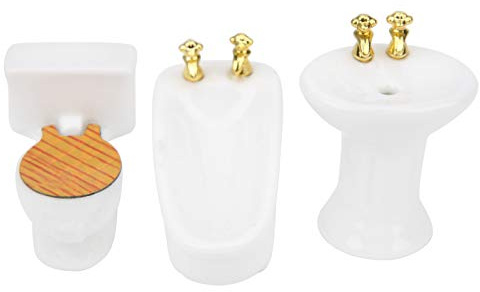 Ailgely 1/24 Dockhus Miniatyr Utsökt Keramiskt Badrumsset för Dockkollektion Vit Badkar Toalett Handfat Kit för 1/24 Mini Dollhouse (Ren vit)