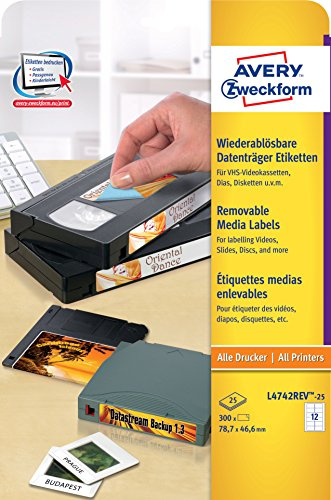 AVERY Zweckform L4742REV-25 Aufkleber für VHS-Videokassetten (300 Etiketten, 78,7x46,6mm auf A4, bedruckbar, selbstklebend, wiederablösbar, für Vorderseite von VHS-Kassetten) 25 Blatt, weiß