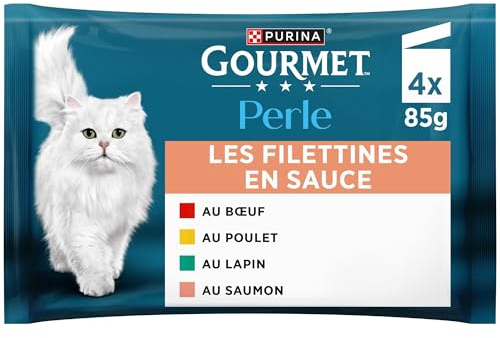 GOURMET | PERLE | Les Filettines en Sauce | Aliment Complet pour Chat Adulte| Bœuf, Poulet, Lapin, Saumon | Sachets Fraîcheur | Lot de 12 (4 x 85g)