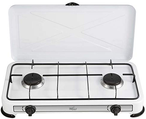 Melchioni Family | Fornello a Gas da Campeggio MINERVA 2 con 2 Fuochi, Fornelletto GPL Portatile con Coperchio, Griglia e Fuochi Removibili, Bianco