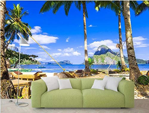 Papier Peint Panoramique Tapisserie Intissé Murales 3D Décoration Murale Effet Trompe Loeil Mer Bleue Bleu Ciel Hamac Plage De Bord De Mer